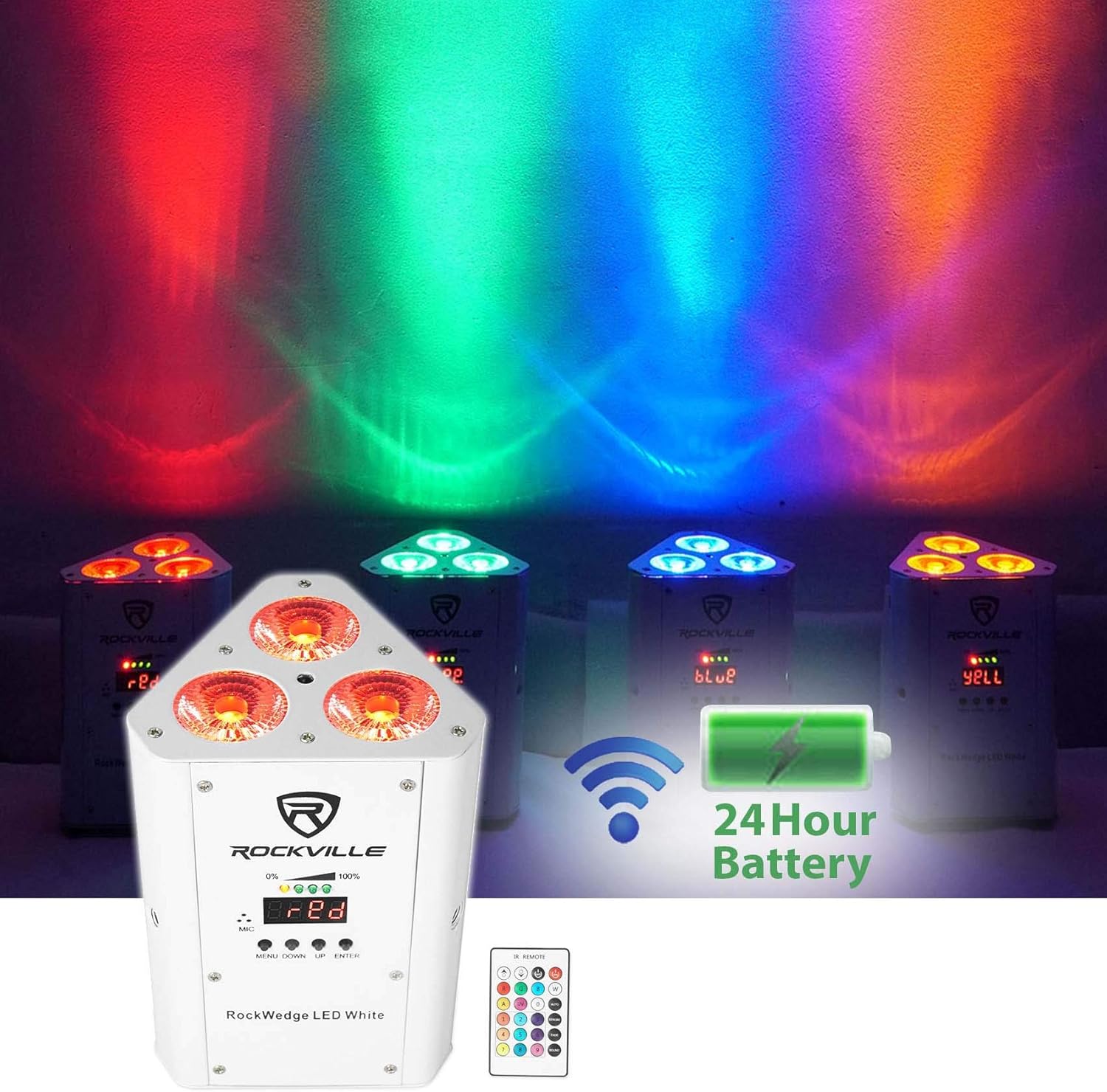Rockville RockWedge LED White Bundle: (6) RGBWA+UV Rechargeable Wireless DMX Wash DJ Up-Lights, 25W Power Consumption, ROCKFORCE W4 384 Channel Wireless DMX Lighting Controller with MIDI, 7-Items