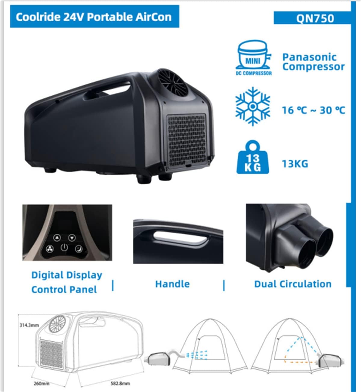 Portable Air Conditioner, 24V Outdoor Air Conditioner, Mobile Tent Air Cooler, 16℃-30℃, 3 Wind Speed Low Power Consumption for Truck Camper Tent Travel/Rv Life,