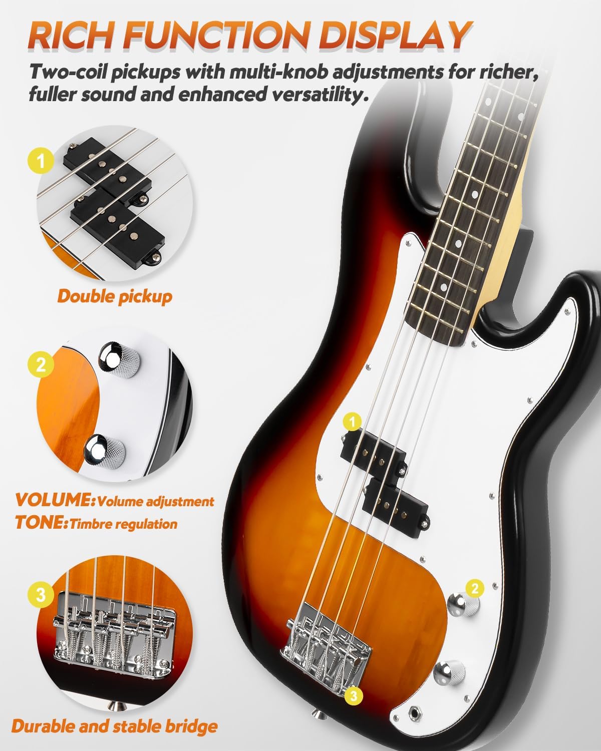 STRICH Electric Bass Guitar 4 Strings Full-Size Beginner Kit, PB-Style Standard Bass for Starter with 2 x 5w Amp, Bag, Tuner, Strap, Cable, SPB-S10 Sunburst