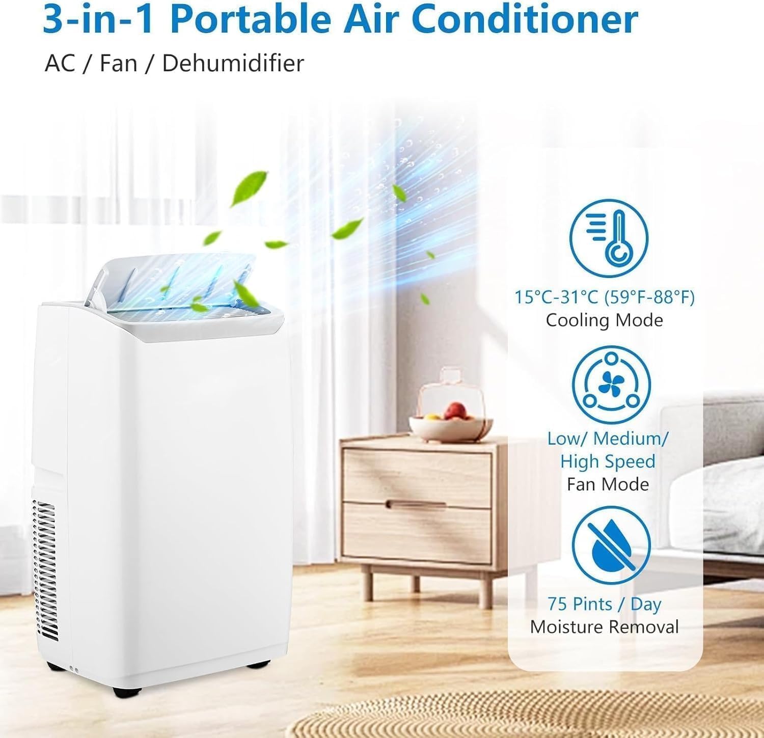 14,000 BTU Portable Air Conditioner Cools Up to 750 Sq.Ft, 3 in-1 Free Standing Cooling AC Unit with Fan & Dehumidifier, Sleep Mode/24H Timer/Auto Swing/48 dB Quiet/Windows Kit Included