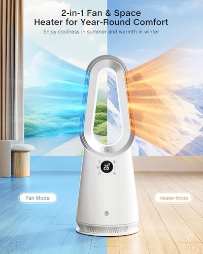 ULTTY Space Heater, Portable Electric Heaters and Cooler Fan Combo with Remote, 80°Oscillation, 9 Speeds, 3 Modes, 8 Timer, 6 Colors LED Light, Fast Safety Heat and Quiet for Office Bedroom Home