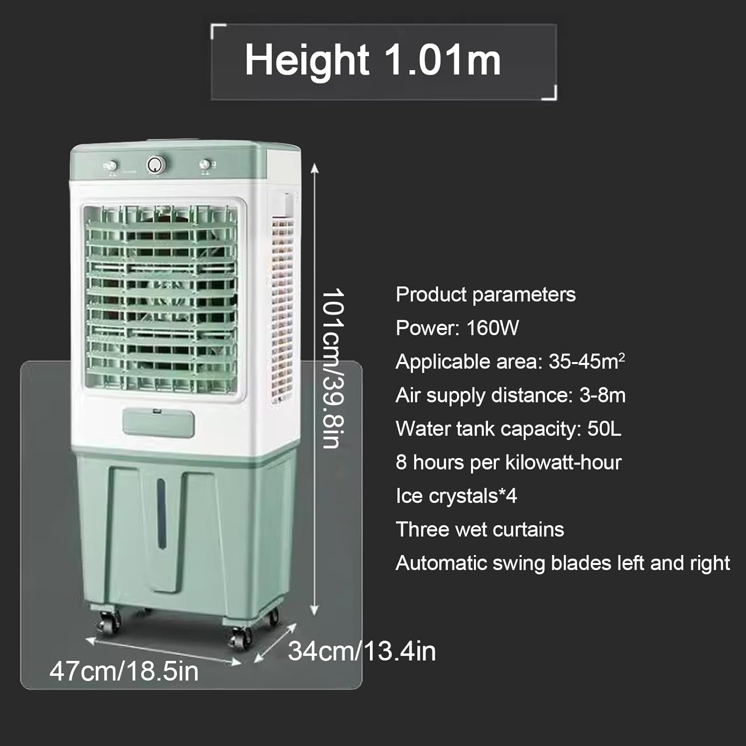 Portable Swamp Cooler, Evaporative Air Cooler, 10.5 Gal Water Tank, 4 Ice Packs, 3 Wind Speeds, Swamp Air Conditioner for Indoor, Outdoor, Garage(47x34x101cm(18.5x13.4x39.8in))