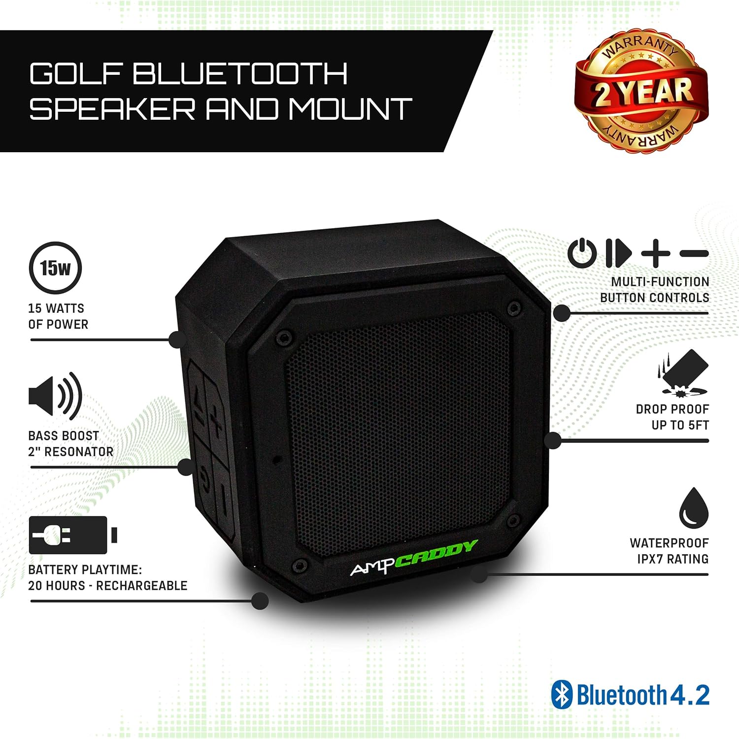 Ampcaddy Golf Bluetooth Speaker with Mount, Bluetooth Speaker and Mount with Loud Stereo Sound and Bass Boost, Extended Playtime and Range (V3 Pro - 15 Watts)