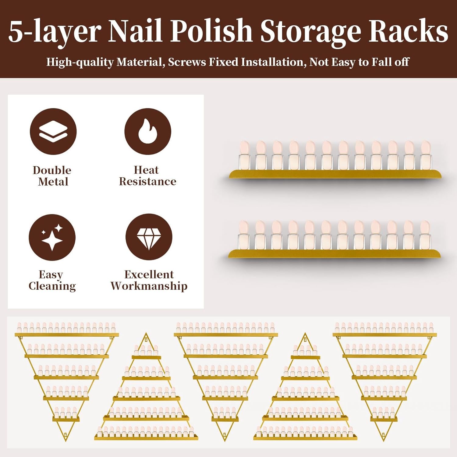 Gold Wall Mount Nail Polish Rack, Triangular Nail Polish Storage Organizer, 5-Tier Metal Display Shelf for Salon, Home Nail Art Station, Cosmetics, Skin Care Products 10PCS