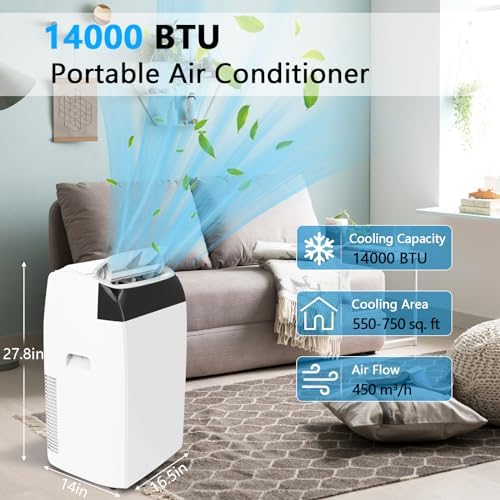 Portable Air Conditioner 14,000 BTU 3-In-1 Powerful AC Units Cools Up to 750 Sq.Ft, Smart Room Air Conditioning with Remote Control and 24H Timer, Standing Air Conditioner for Indoor Large Room