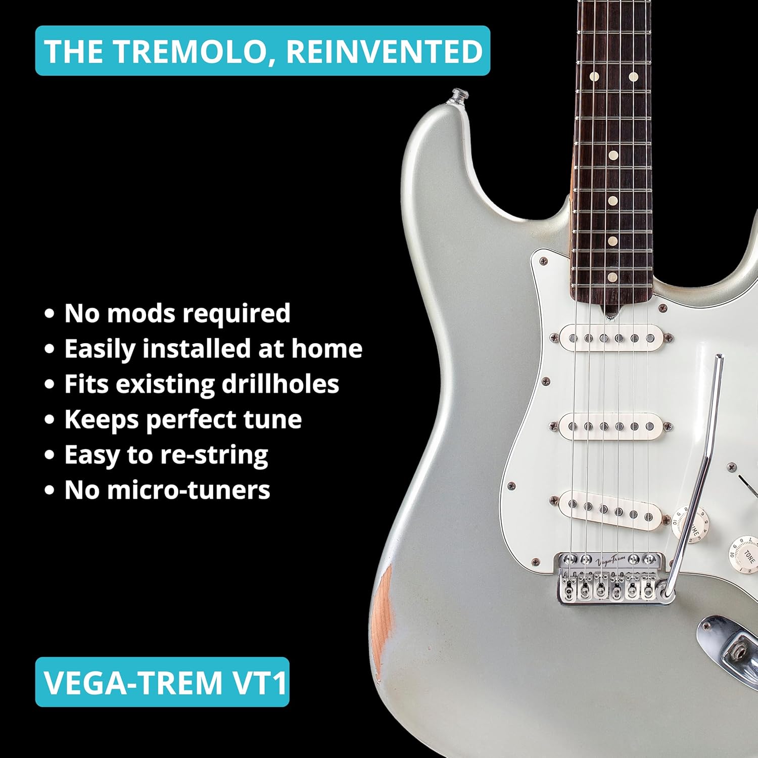 Vega-Trem VT1 Standard 6-Screw Glossy Stratocaster Guitar Tremolo Bridge + Valeton Rushead Max USB Chargable Portable Pocket Guitar Bass Headphone Amp Bundle