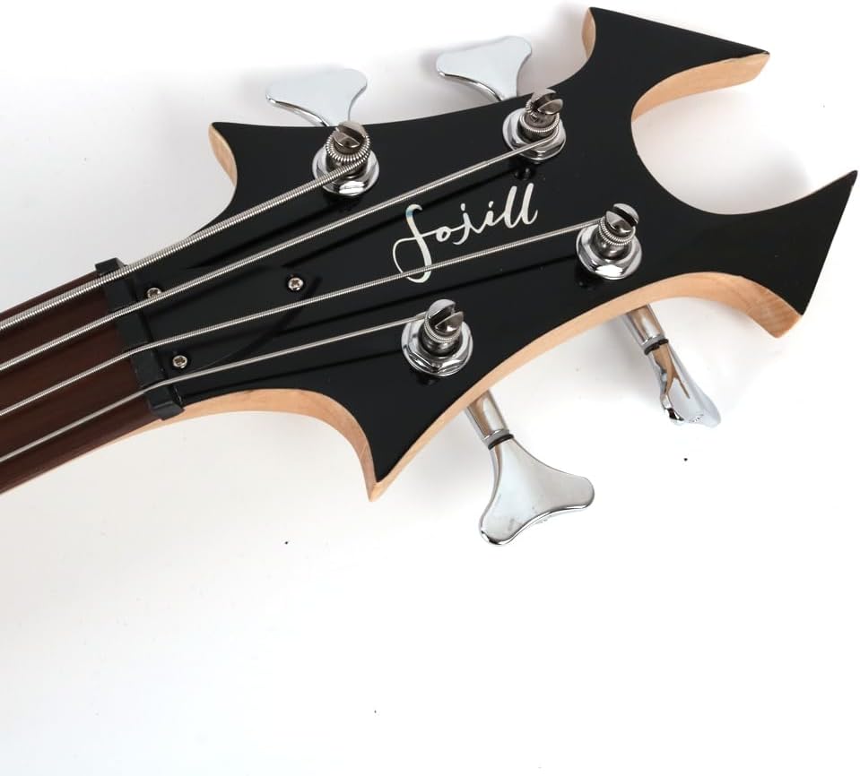 Fojill Cool Shape Full Size Standard Electric Bass Guitar Four 4 String Right Hand Handed Solid Body Canadian Maple Neck Genuine Rosewood Fretboard Fingerboard(Metallic Red)