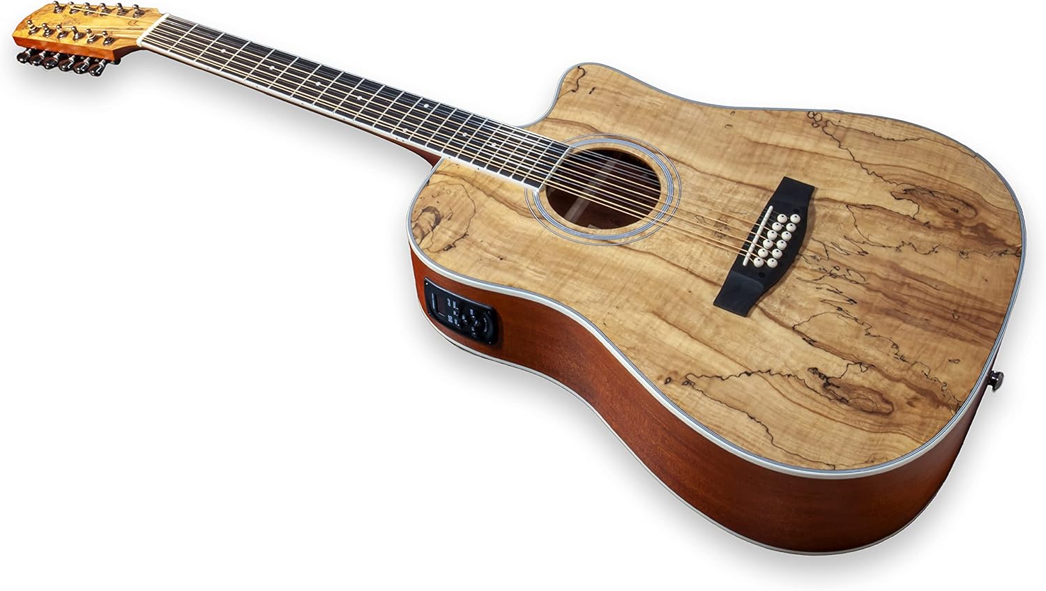 TARIO 12 Strings Acoustic Electric Cutaway Guitar Spalted maple Top Mahogany back & sides Okoume Neck