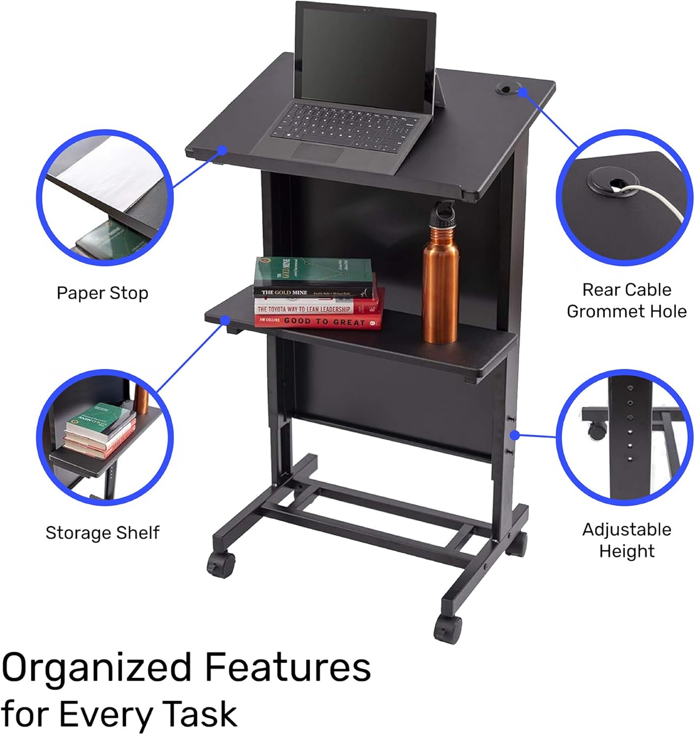 Stand Up Adjustable Height Lectern Podium | Rolling Desk with Storage Shelf | Ergonomic Standing Desk Frame for Office, Classroom, Laptop, Teaching, Presentations & More (Black)