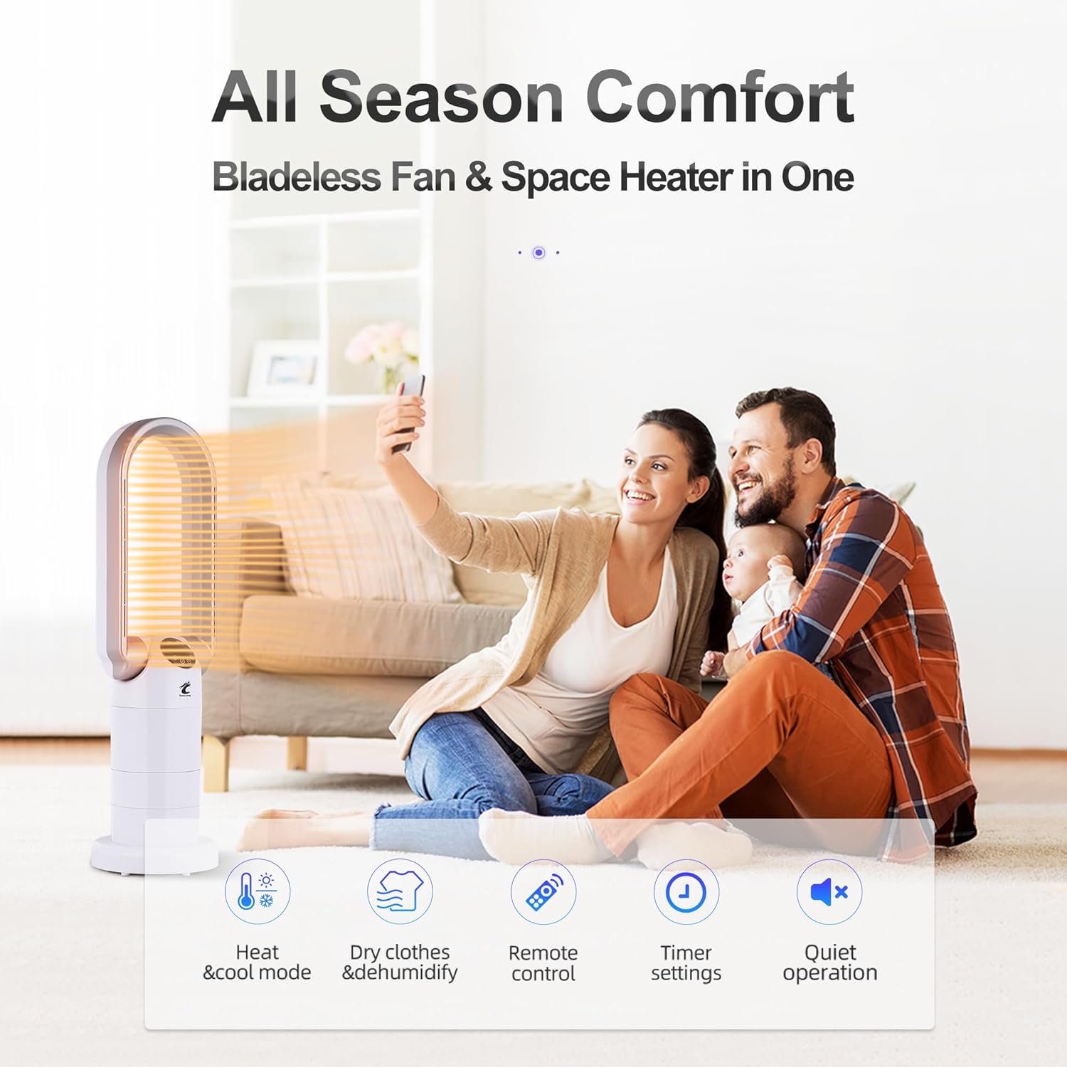 Ocean Loong 1500W Bladeless Tower Fan & Space Heater Combo for Home with Remote Control Timer Oscillation Tip-Over Switch and Adjustable Thermostat, 29” Silver