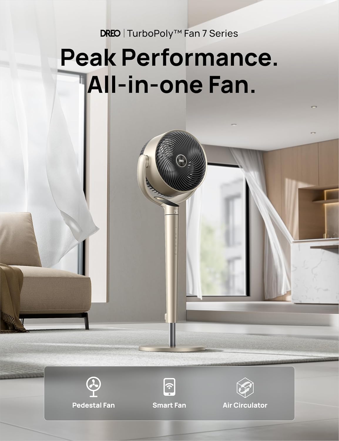 Dreo Pedestal Fan with Smart Control, 43'' Inches, 150°+120° Omni-Directional Oscillating Quiet Fans for Bedroom, 110ft Circulator Fan with DC Motor, 9 Speeds, 6 Modes, 12H Timer, Wi-Fi/Voice/Alexa
