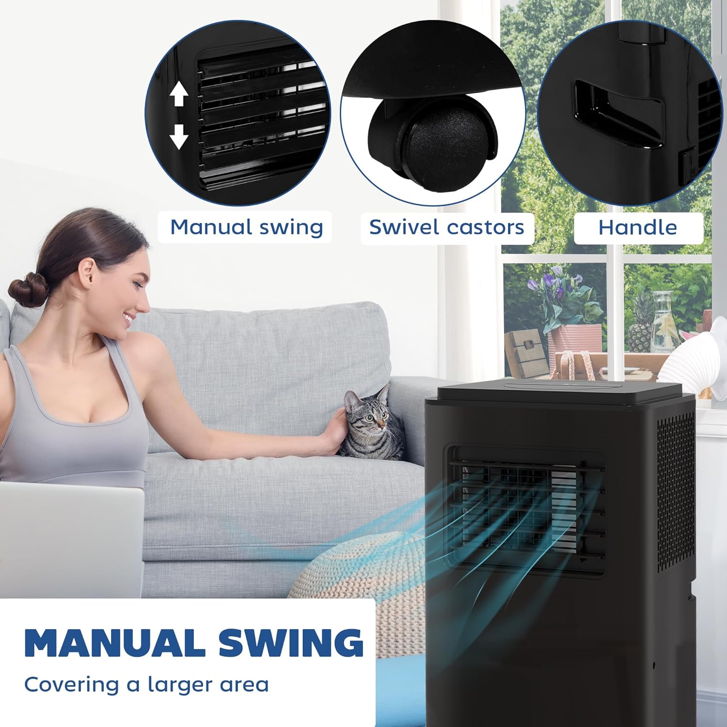 HOMCOM 8000 BTU Portable Air Conditioner for Rooms Up to 345 Sq. Ft., 5-in-1 AC Unit with Dehumidifier, Cooling Fan, Auto, Sleep & Remote, 24H Timer On/Off, Window Installation Kit, Deep Black