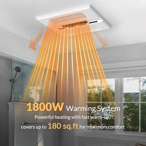 1800W Bathroom Exhaust Fan with Light and Heater, 110 CFM 4-in-1 Ceiling Vent Fan, 1.0 Sone Quiet Operation, 11.2” x 11.2” Ceiling Cutout, 13.8” Grille, 6500K LED Light, Metal Housing