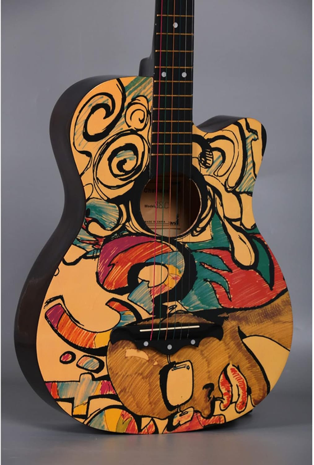 Tyenaza Wooden Guitar, Beginner Acoustic Guitar, 38in Graffiti Pattern High Density Fingerboard Acoustic Guitar for Beginner