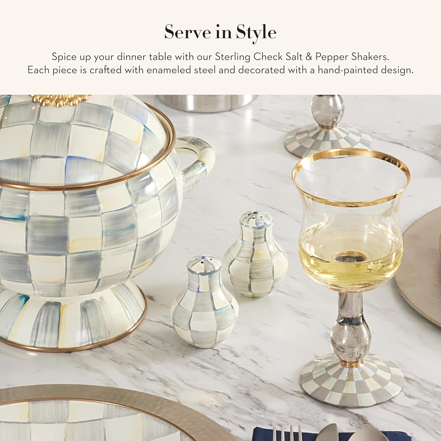 MACKENZIE-CHILDS Enamel Salt and Pepper Shakers, Farmhouse Kitchen Decor and Accessories, Small, Gray-and-White Sterling Check