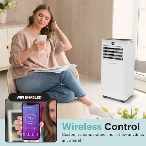 SereneLife 10,000 BTU Portable Air Conditioner with WiFi Control, 3-in-1 Cooling, Dehumidifier & Fan, Compact Indoor AC Unit for 450 Sq. Ft. Coverage, Includes Window Exhaust Kit & Remote