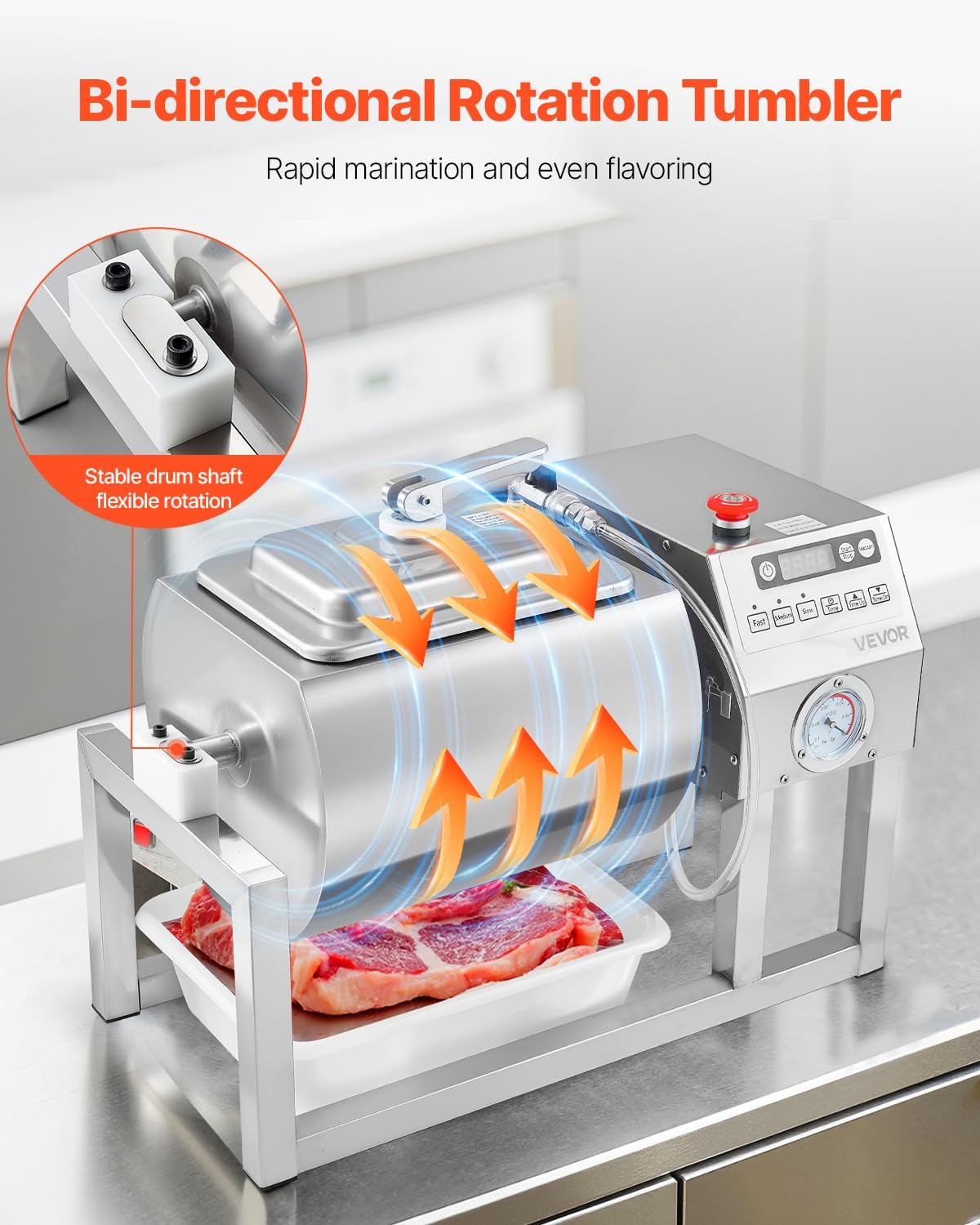VEVOR Commercial Meat Tumbler Marinator, 20L Vacuum Tumbler Marinating Machine with Bidirectional Rotation and 3-Speed, Stainless Steel Vacuum Curing Machine for Chicken Steak Pork, Restaurant