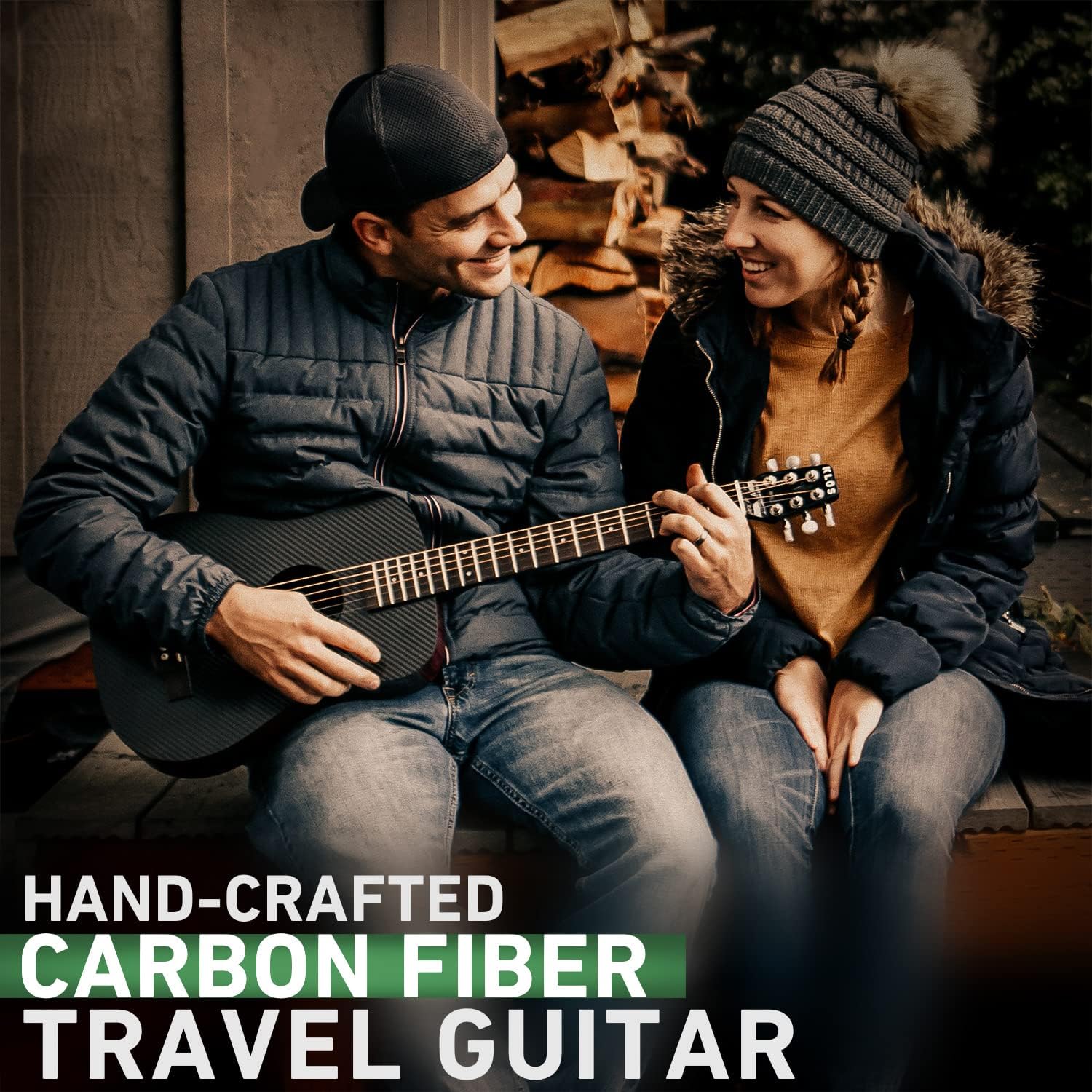 KLOS Travel Guitar, Durable Carbon Fiber Acoustic Guitar - Black with Gig Bag, Strap, Capo and more