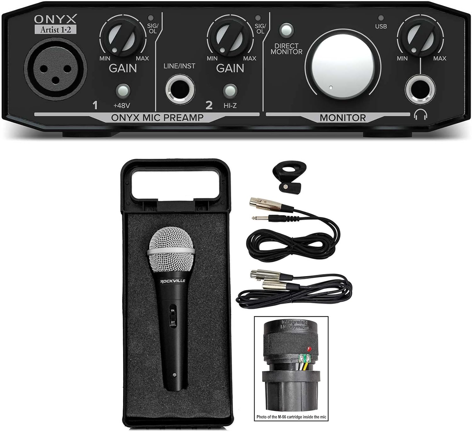 Mackie Onyx Artist 1.2 2x2 USB Audio Recording Studio Interface Bundle with Rockville RMC-XLR High-End Metal DJ Handheld Wired Microphone w (2) Cables