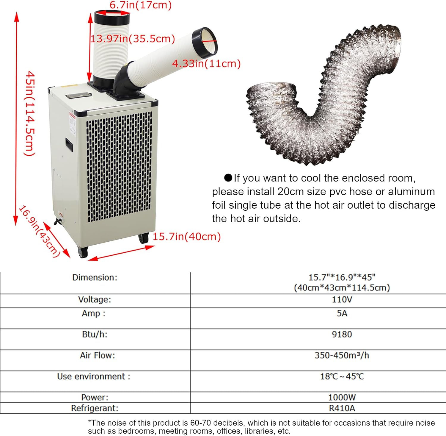 Industrial Air Conditioner Commercial Spot Cooler Single Hose Indoor Outdoor 9180 Btu/h Mobile Portable Air Conditioner 110V 1kw