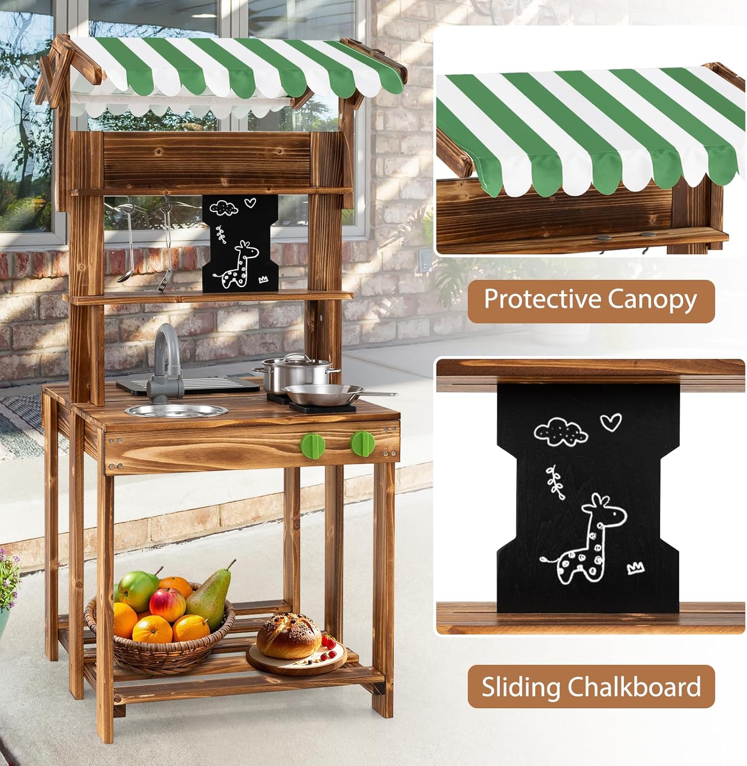 Costzon Mud Kitchen, Double-Sided Outdoor Play Kitchen & Barbecue Grill Playset with Canopy, Chalkboard, Sink & Faucet, Cooking Accessories, Gift for Boys & Girls 3+ (Double-Sided)