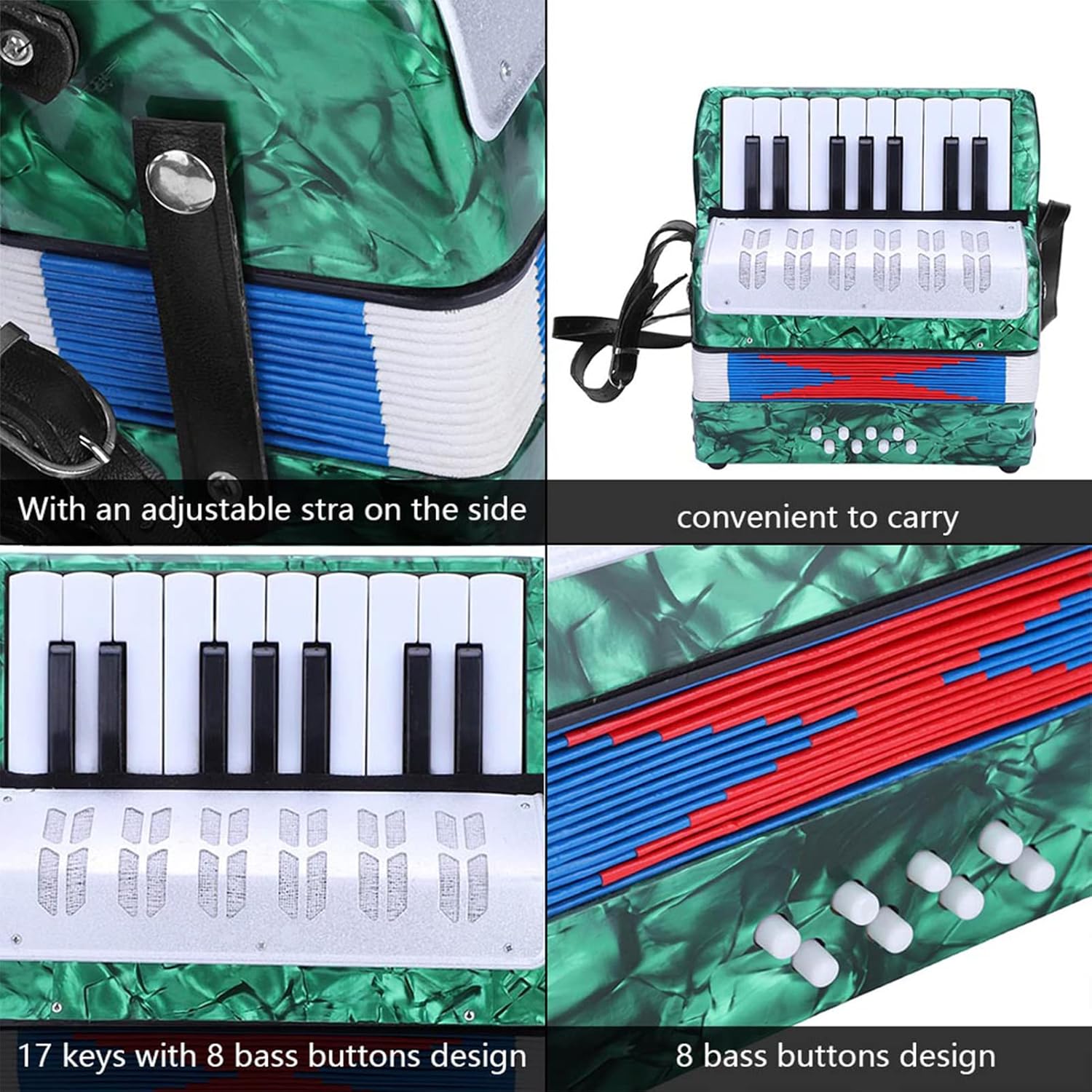 17 Key 8 Bass Piano Accordion, ABS with Celluloid Decor Concertina Musical Instrument for Beginners Students, with Adjustable Strap and Manual (Green)