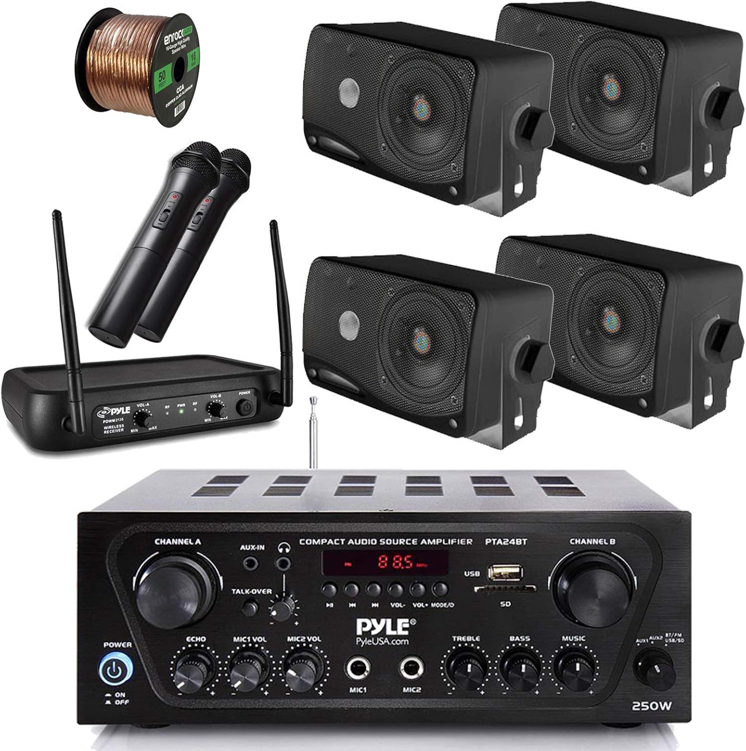 Pyle Wireless Bluetooth Stereo Receiver Amplifier, Dual Channel VHF Wireless Microphone System, 4X Pyle 3.5'' 200 Watt 3-Way Weather Proof Box Speakers - Black, 50Ft Speaker Wire - PA, Karaoke, DJ
