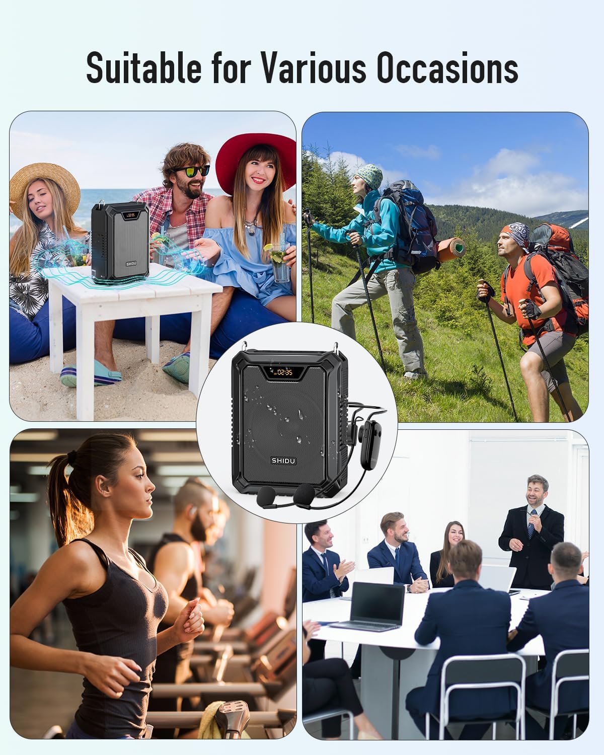 SHIDU 30W Voice Amplifier with Wireless Microphone, IPX6 Waterproof Amplifier Wireless & Wired Microphone Bluetooth Speaker Personal Megaphone for Teachers Meeting Speech Outdoors-M1000