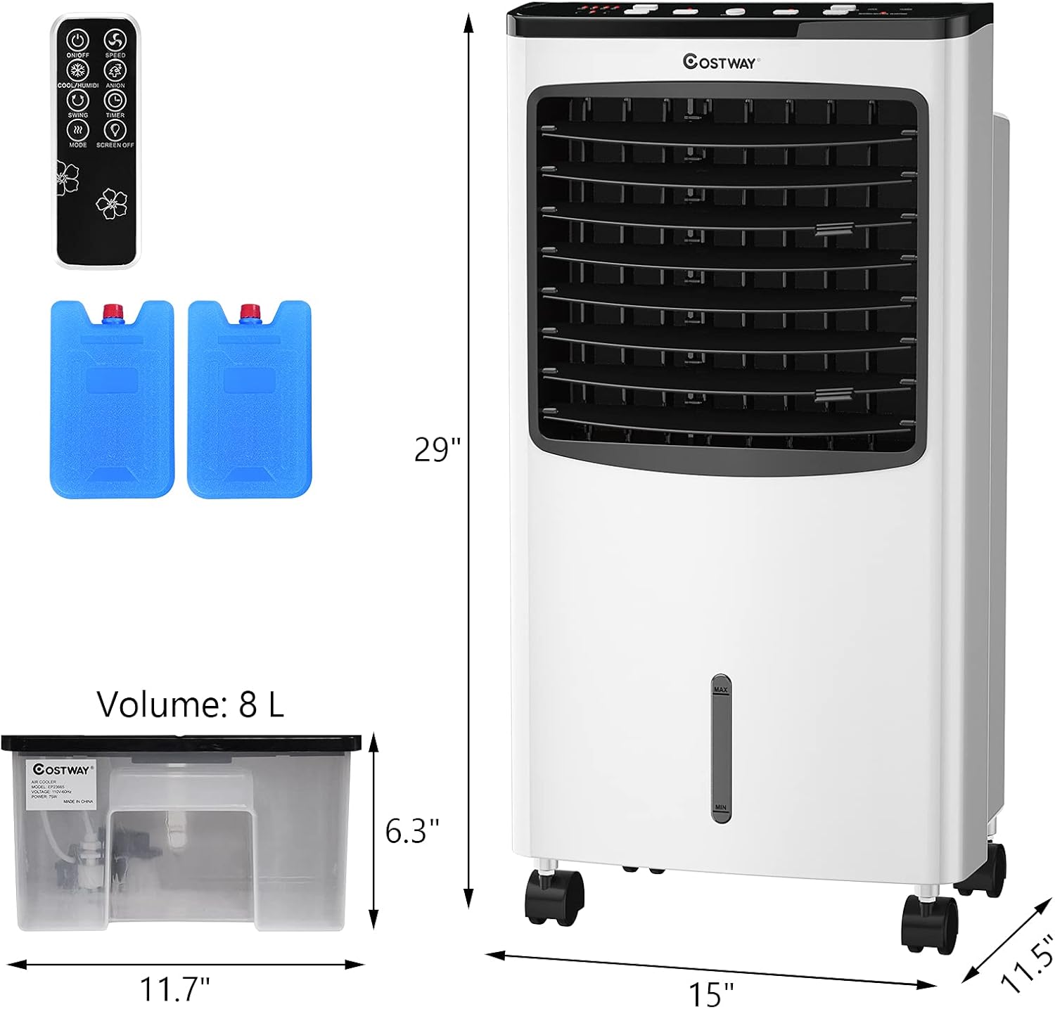 Rolling Evaporative Air Cooler, 3-in-1 Air Conditioner w/Fan & Humidifier, Portable Bladeless Quiet Electric Fan with Remote Control & Casters, 2 Ice Box & 8 Liter Water Tank for Home/Office