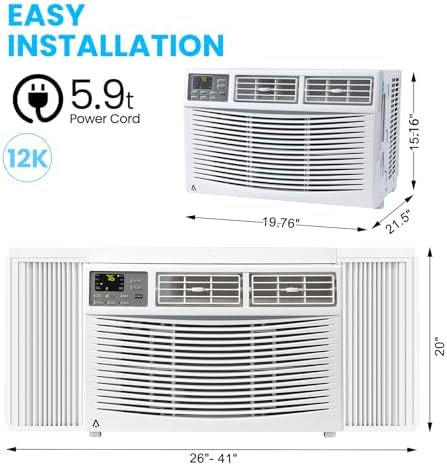 12000btu Window Air Conditioner With Wi-fi Enabled, Remote Control, Air Conditioner Window Unit Cooling Up To 550sq.ft, 115v Window Ac Units For Rooms, Dehumidifier, Fan, Reusable Filter
