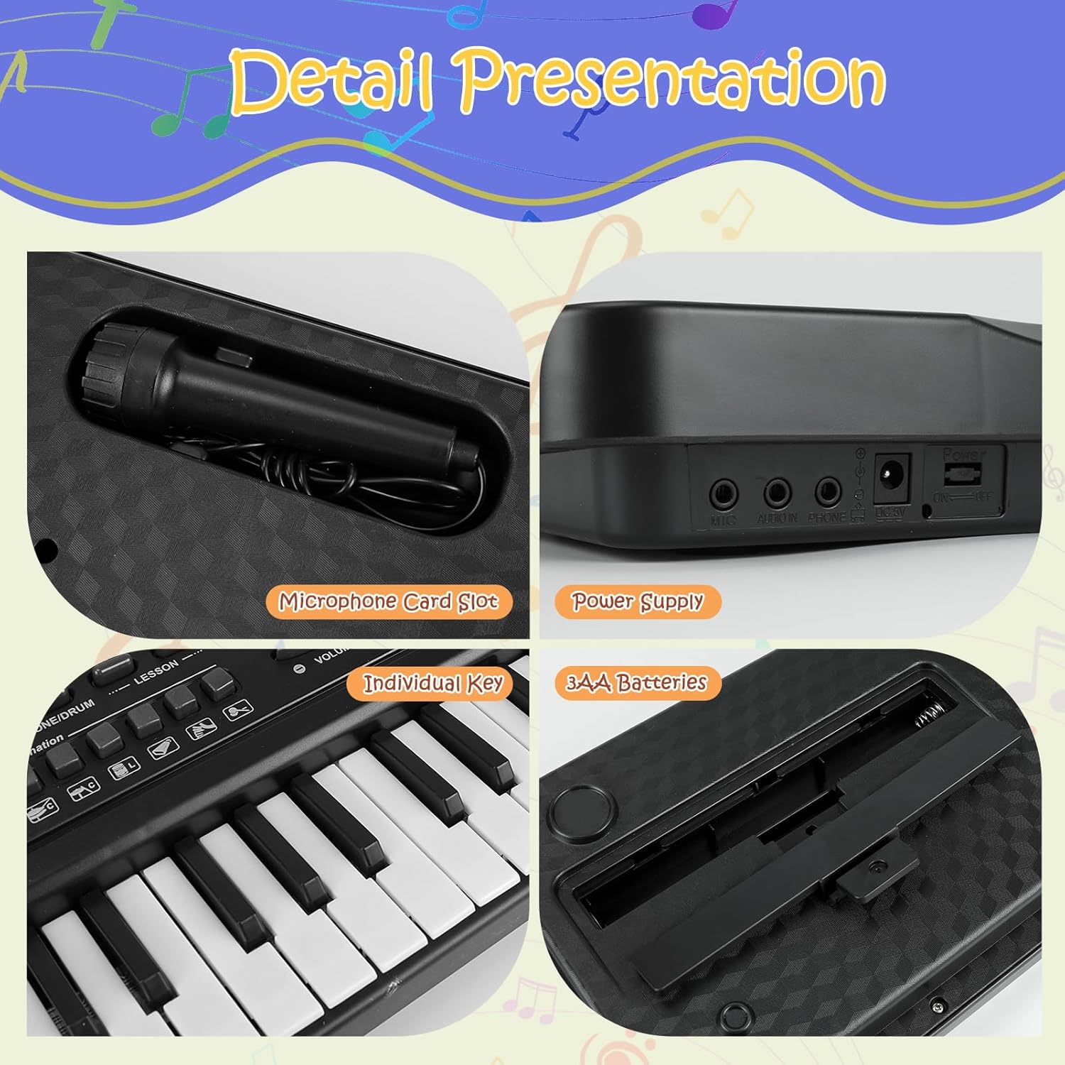 61 Key Piano Keyboard, Beginner Electronic Keyboard for Kids with Teaching Mode, 6 Demo Songs, 16 Tones, Microphone and Power Supply, Kids Piano Keyboard for Birthday Gift/Christmas Gift