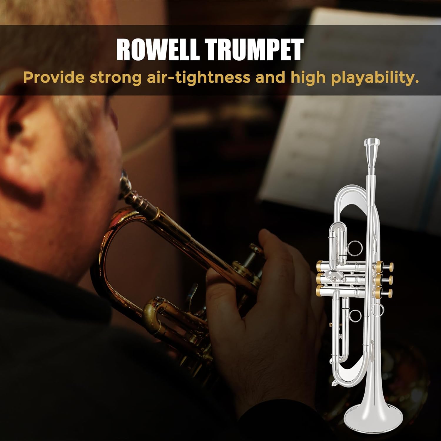 ROWELL Bb Trumpet Professional Trumpet for Student Brass Instruments Standard Trumpets Set with Professional Trumpets Box, Cleaning Kit,Original 7C trumpet Mouthpiece, Cloth and Gloves (Silver)