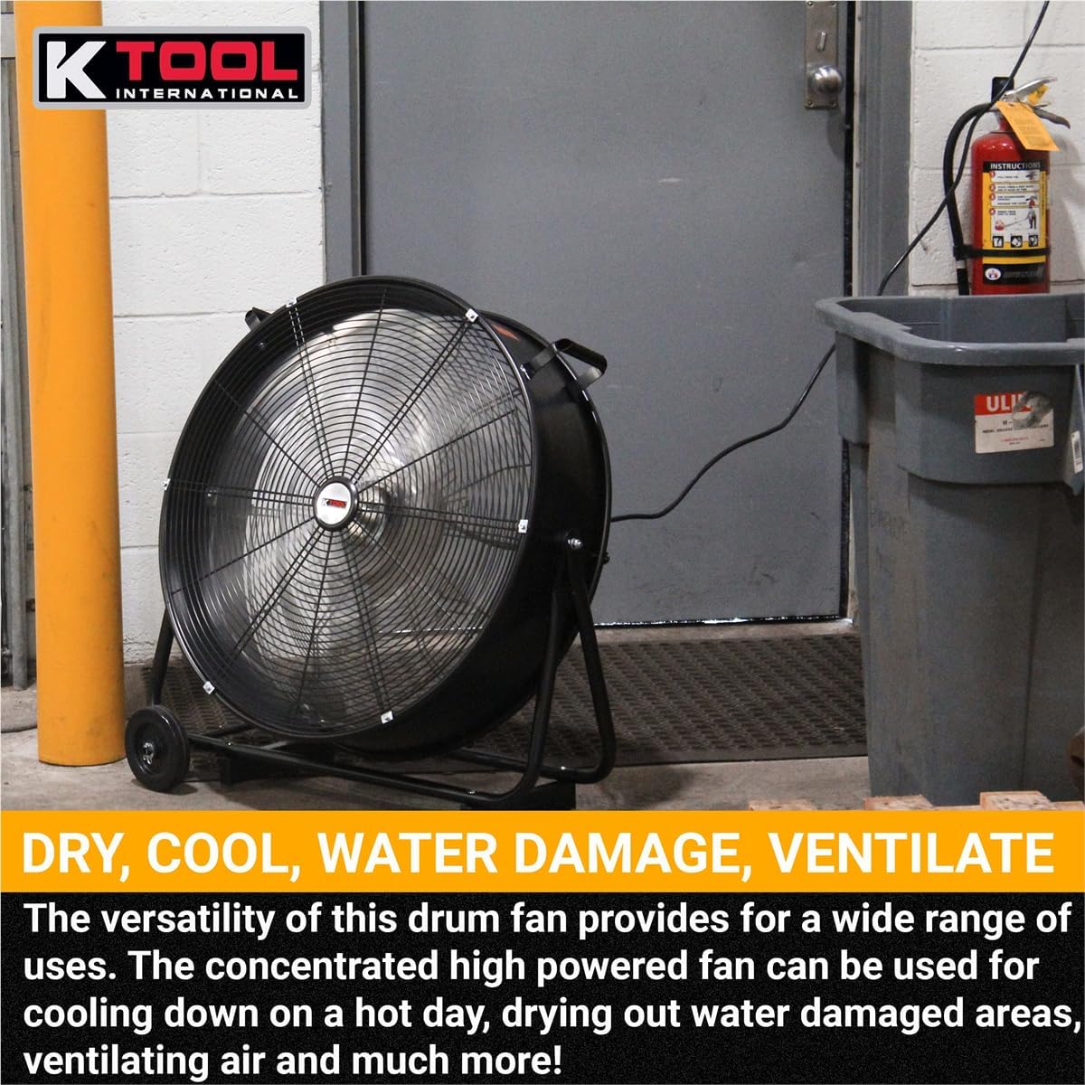 K Tool International 77741 24” Belt Drive Drum Fan with Wheels, High-velocity, 2-Speed, Cut-off Protection, 7850 Max CFM, cUL listed, Used in Warehouses, Shops, Greenhouses, Barns, Gyms, Black