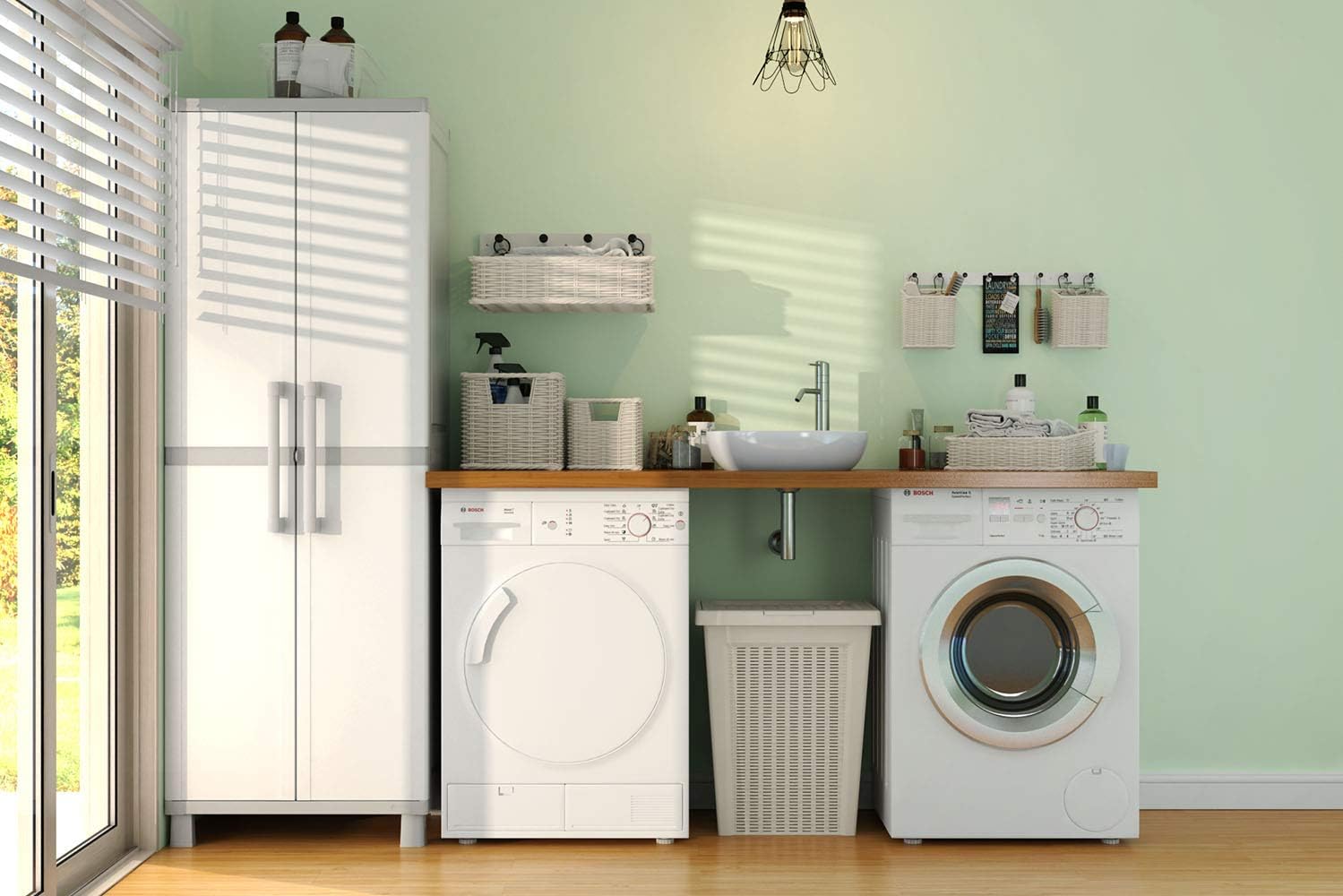 Keter Storage Cabinet with Doors and Shelves for Laundry Room, Garage, Bathroom Accessories, Closet and Home Organization, White & Grey