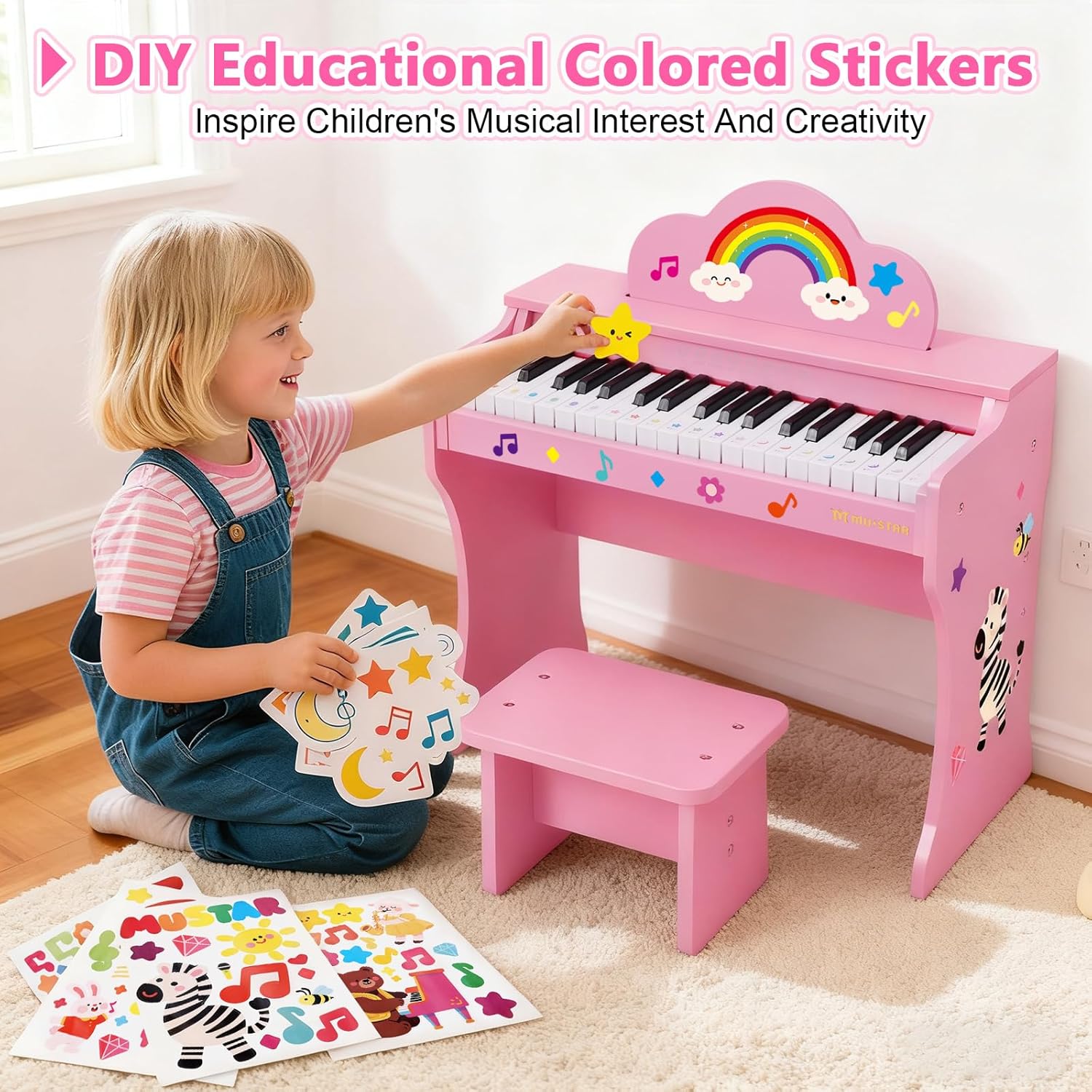 37 Keys Kids Keyboard Piano, Kids Piano Wooden Toy With Stool, DIY Stickers, Song Book, Cover, Education Musical Instruments for Girls&Boys Ages 3+