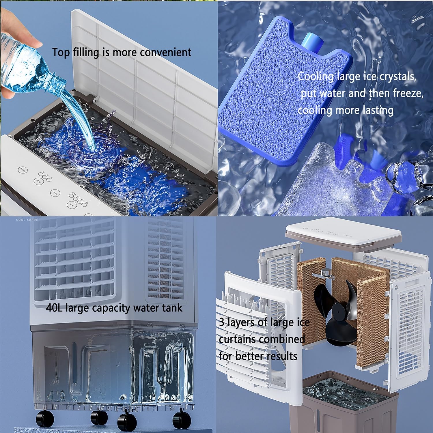 Evaporative Air Cooler, Swamp Cooler & Humidifier with 3 Speeds, 2 Ice Boxes, 7.5h Timer, Portable Air Conditioners for Bedroom, Living Room, Office