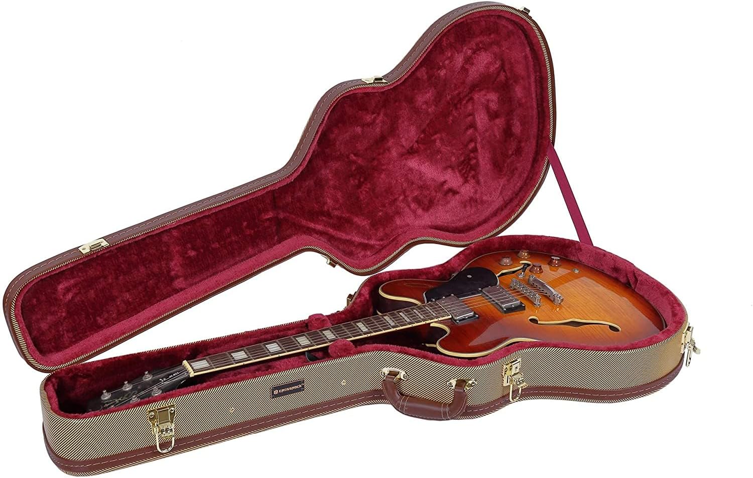 Crossrock Deluxe Wood Case for 335 Style 6 string Semi-Hollow Electric Guitars, with removable straps, interior compartment-Tweed (CRW700SATW)