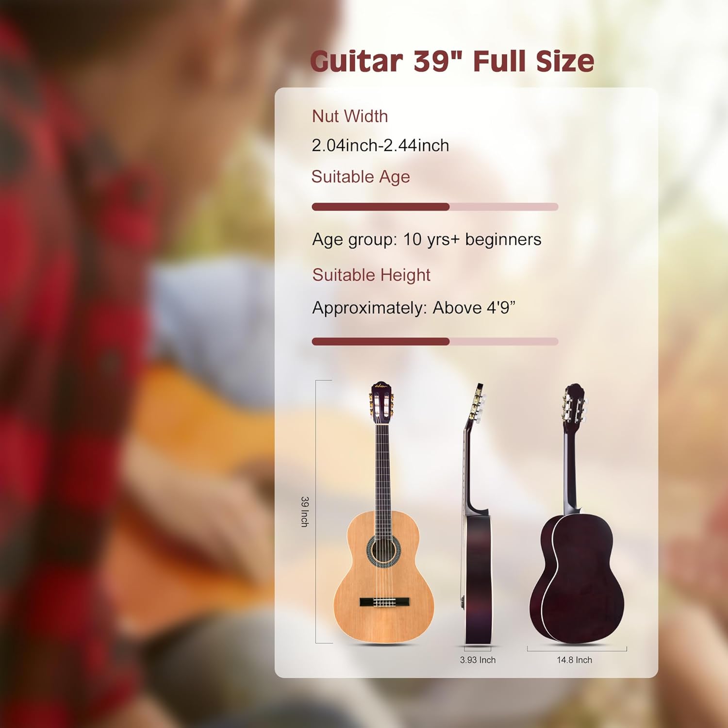 ADM Full Size Classical Nylon Strings Acoustic Guitar 29 x 75x 50mm Classic Guitarra Starter Bundle for Adult with Free Lessons, Gig Bag, Tuner, Footstool, Kids Student Beginner Kits, Nature