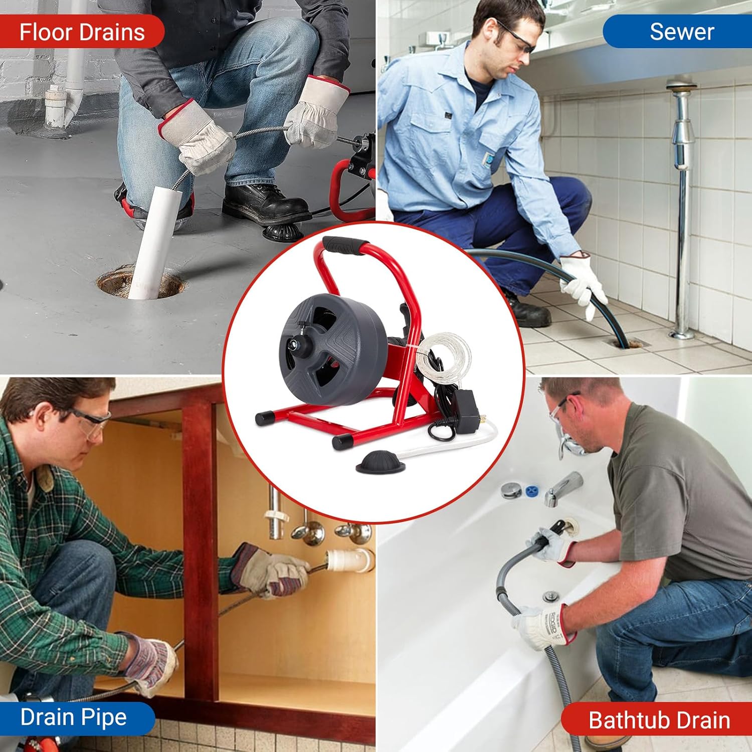 50 ft x 5/16 in Drain Cleaner Machine Professional for 3/4 in - 3 in Pipes, Foot Switch with 6 Cutters, Glove, Drain Auger Cleaner Sewer Snake for Bethroom/Kitchen Drains