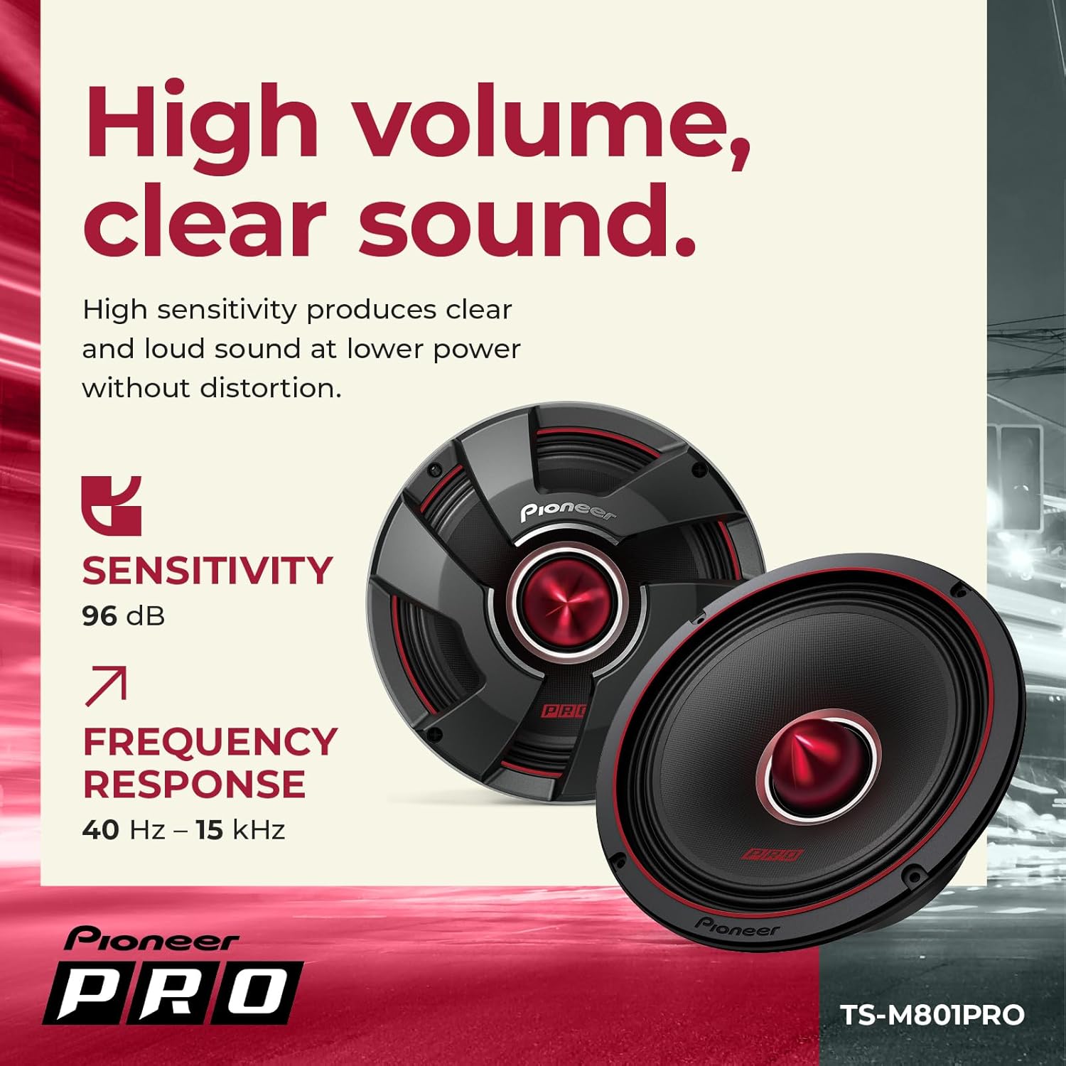 Pioneer P.R.O. Series TS-M801PRO 8” Speakers (Pair) – 600W Max, Perfect for high-SPL Builds and pro-Level car Audio