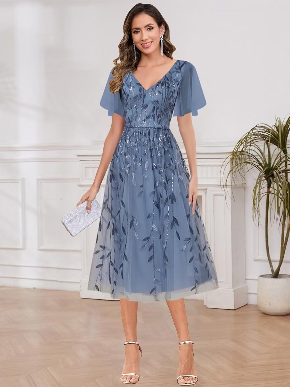 BANTRATIC Women's Mother of The Bride Dress Sequins Tulle Formal Wedding Guest Dresses Elegant Tea Length Evening Prom Gown