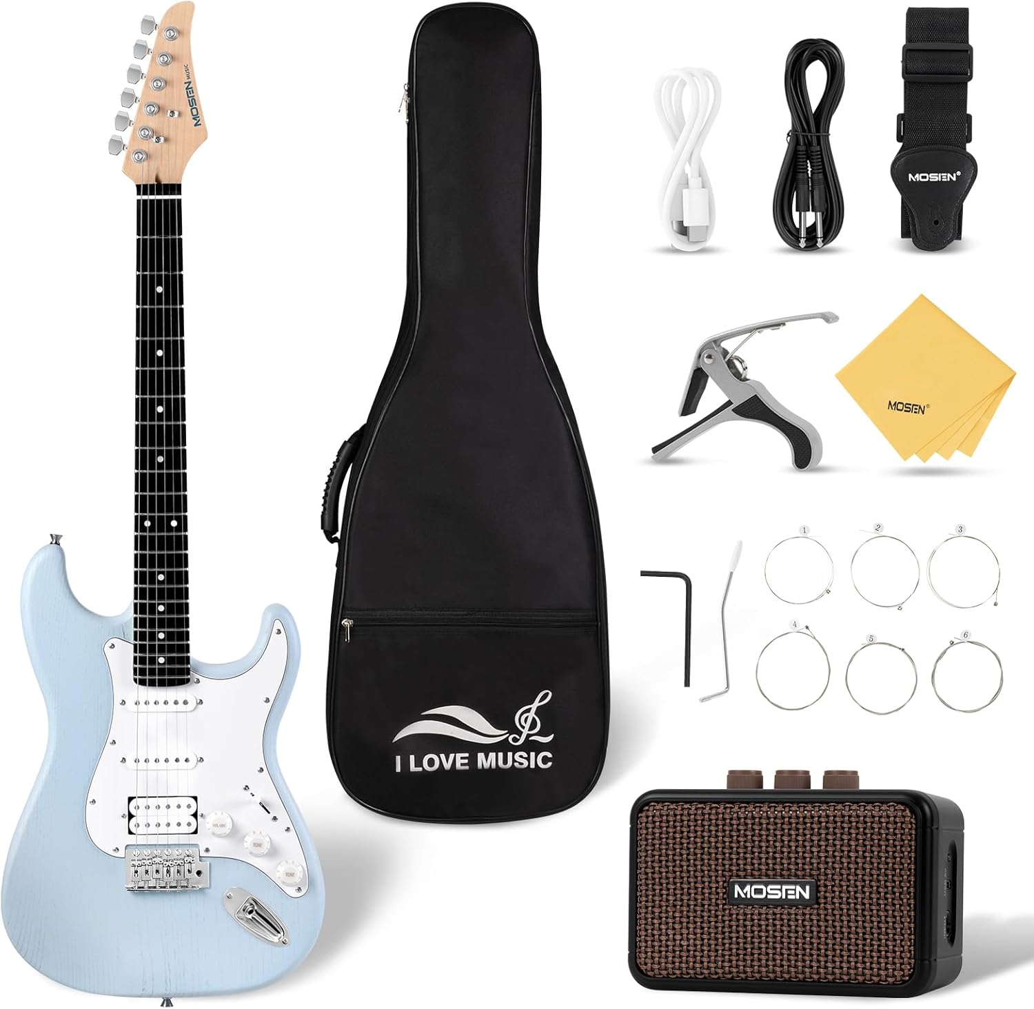 Mosen 39 Inch Electric Guitar with HSS Pickups & Single-Coil Tremolo System - with 5W Amp, Techwood Fingerboard, C-Shaped Satin Neck, All Accessories Included Gig Bag, Tuner, String, Capo, Strap