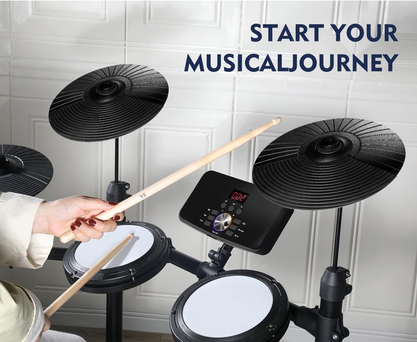 Electronic Drum Set,Electronic Drum for Beginner Set with Type-C Charging,support USB MIDI Bluetooth,with 4 Quiet Mesh Pads 2 Pedals, Drum Stool, Sticks, Headphones and Melodics Lessons