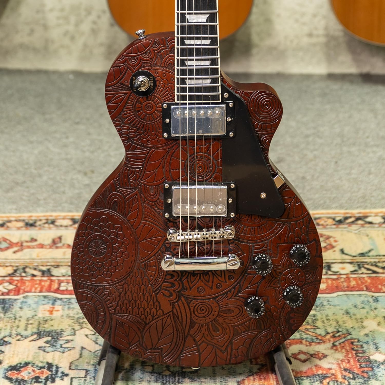 TARIO Electric Guitar Surface engraving pattern design Guitar Okoume Body with Bag