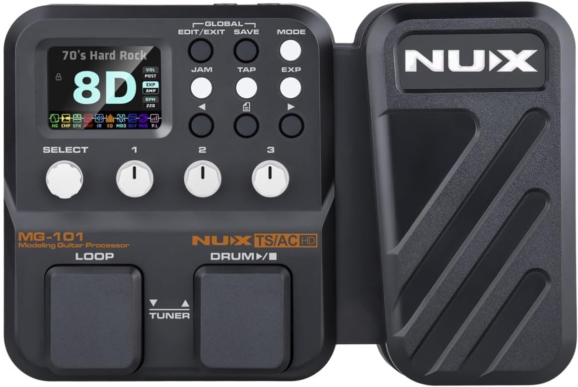 NUX MG-101 Amp Modeler and Guitar Effects Processor - Bundle with 2 Patch Cables, Instrument Cable and Aux Cable