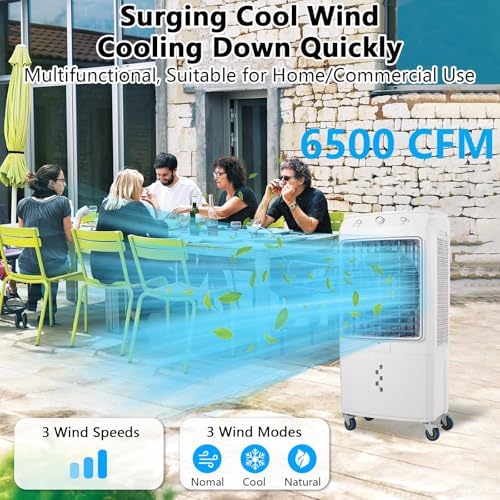 6500 CFM Evaporative Air Cooler, 15.8 Gallon Swamp Cooler with 4 Ice Packs, 3 Wind Speeds and Modes, 3-in-1 Swamp Cooler Air Conditioner, Portable Air Cooler Fan for Indoor Garage Outdoor Patio