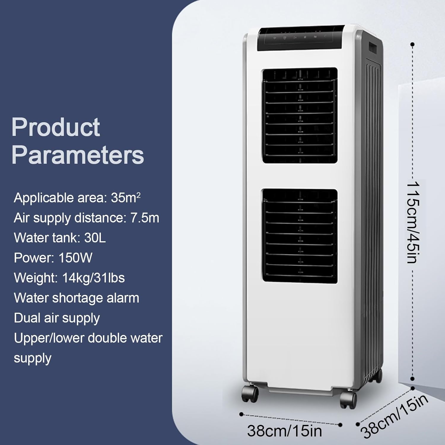 Evaporative Air Cooler with Remote Control, 3-in-1 Portable Air Conditioner, Windowless Air Conditioner, 8 Gal Water Tank, 3 Speeds, 7H Timer, Water Shortage Reminder for Room Bedroom Office(38x38x115