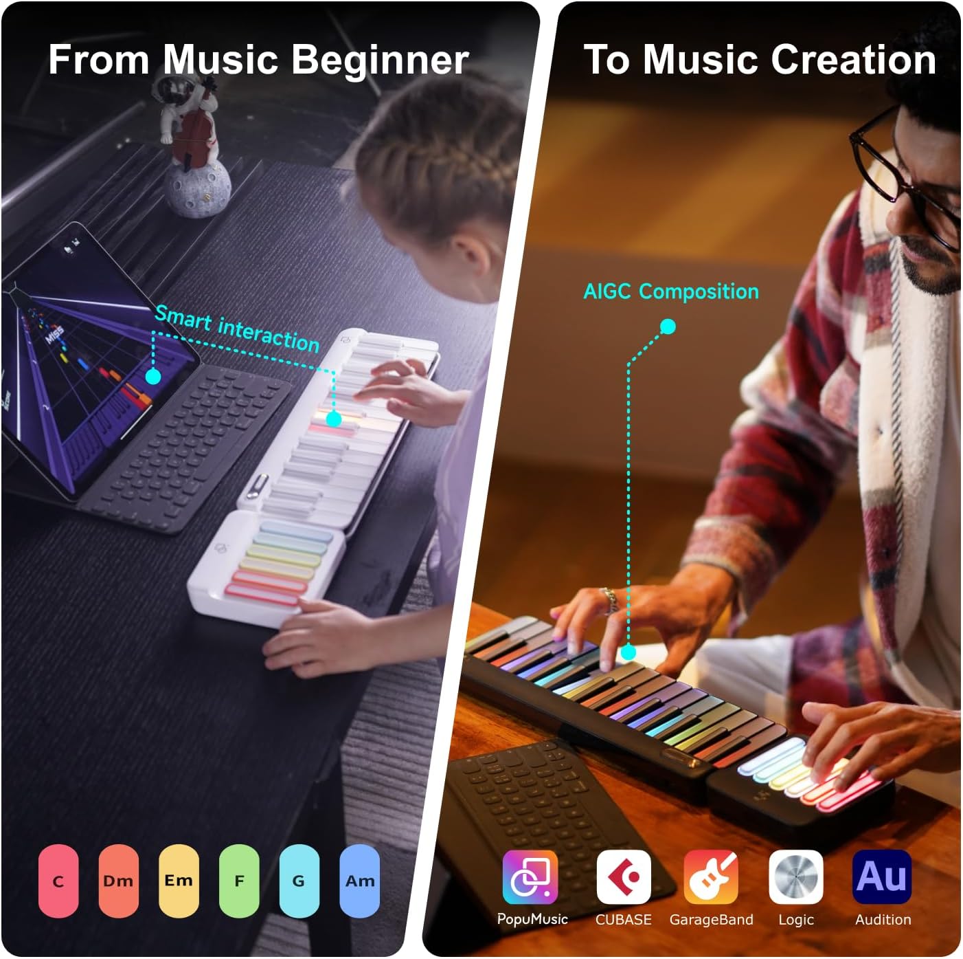 Smart Piano Keyboard,Rainbow LED Lights&Free Apps,Learning Portable Keyboard,256 Voices,100+ Auto Chords,MIDI Support,59-Key Digital Piano for Beginners,Gift for Birthdays or Holidays