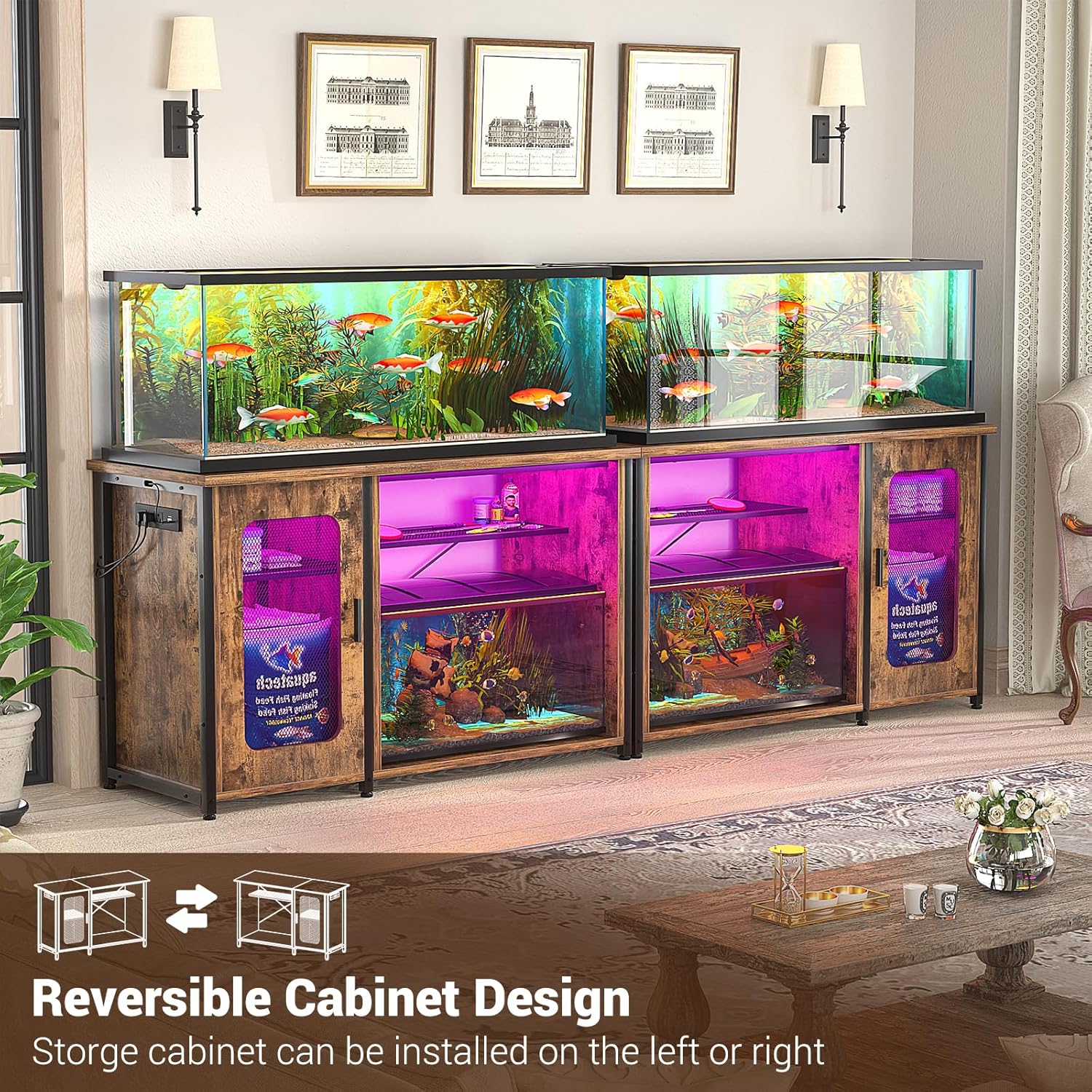 Unikito 55-75 Gallon Aquarium Stand with Power Outlets & LED Light, Reversible Fish Tank Stand with Cabinet for Fish Tank Accessories Storage, Heavy Duty Metal Frame, 880LBS Capacity, Rustic Brown