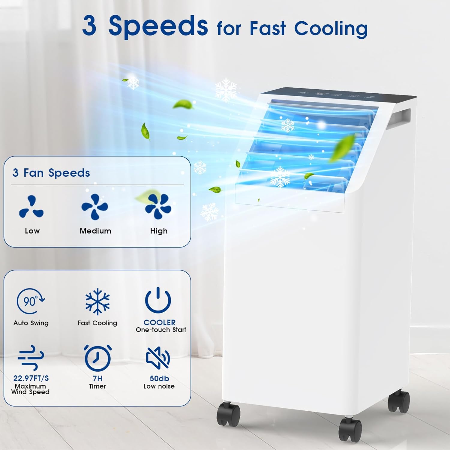 3-IN-1 Windowless Portable Air Conditioner, Evaporative Air Cooler with 90° Oscillation, 3 Speeds, Remote, 1 Gal Water Tank, 4 Ice Packs, Timer, Fast Cooling Fan for Indoor (white, 1.05 Gal)